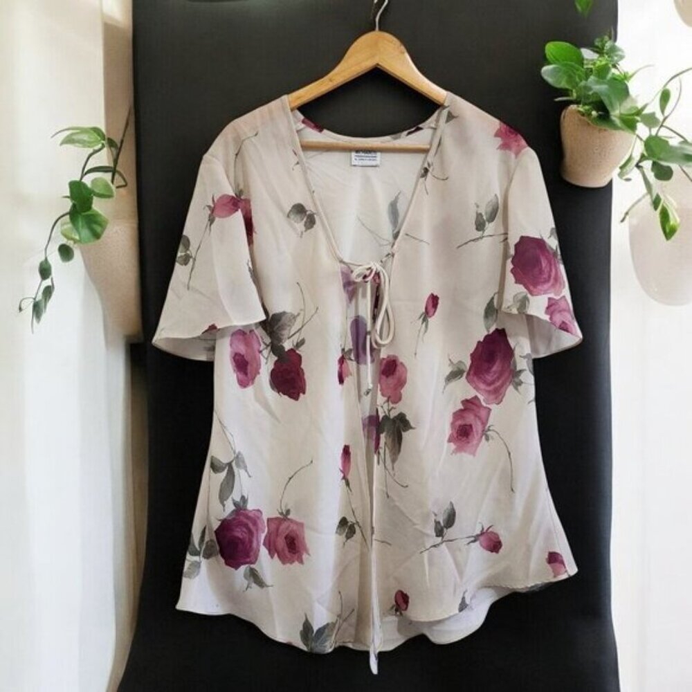 Vintage Women's Plus Size Y2K Style Tie Front Beige Top Size 16